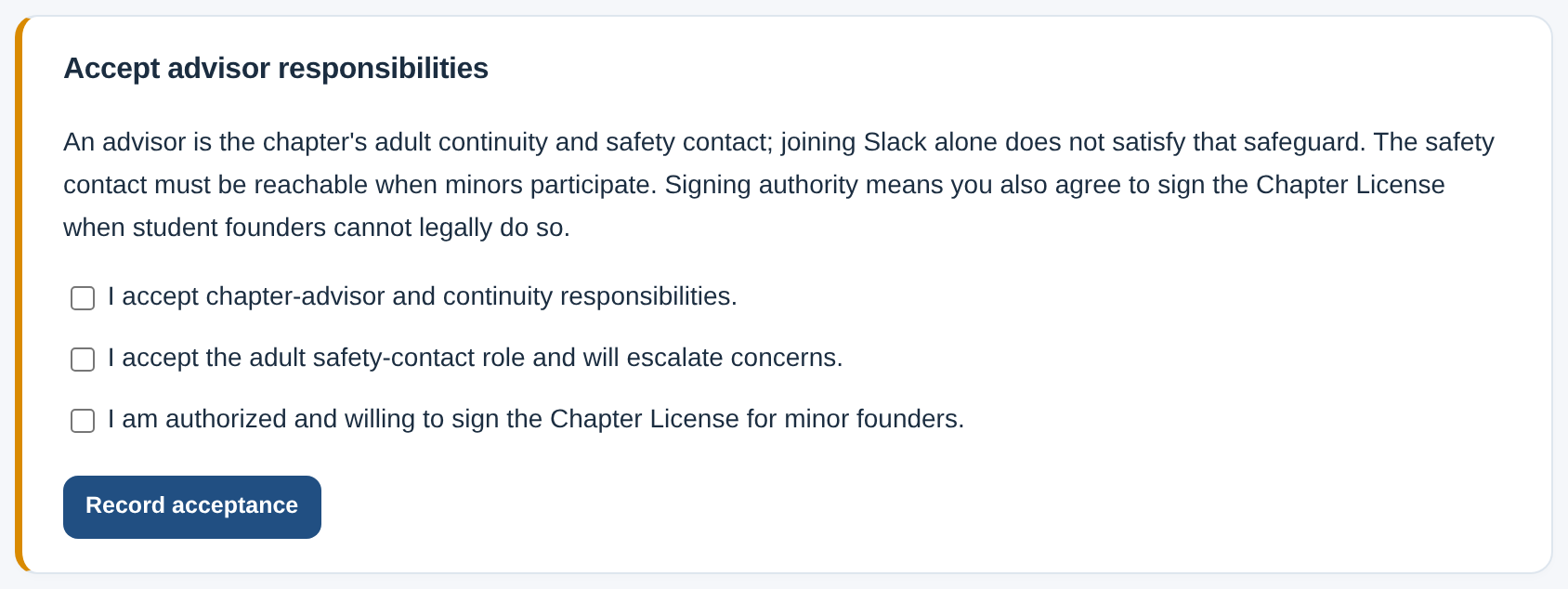 The advisor personally accepts core responsibilities and, when appropriate, optional signing authority. Fictional September 2026 example.