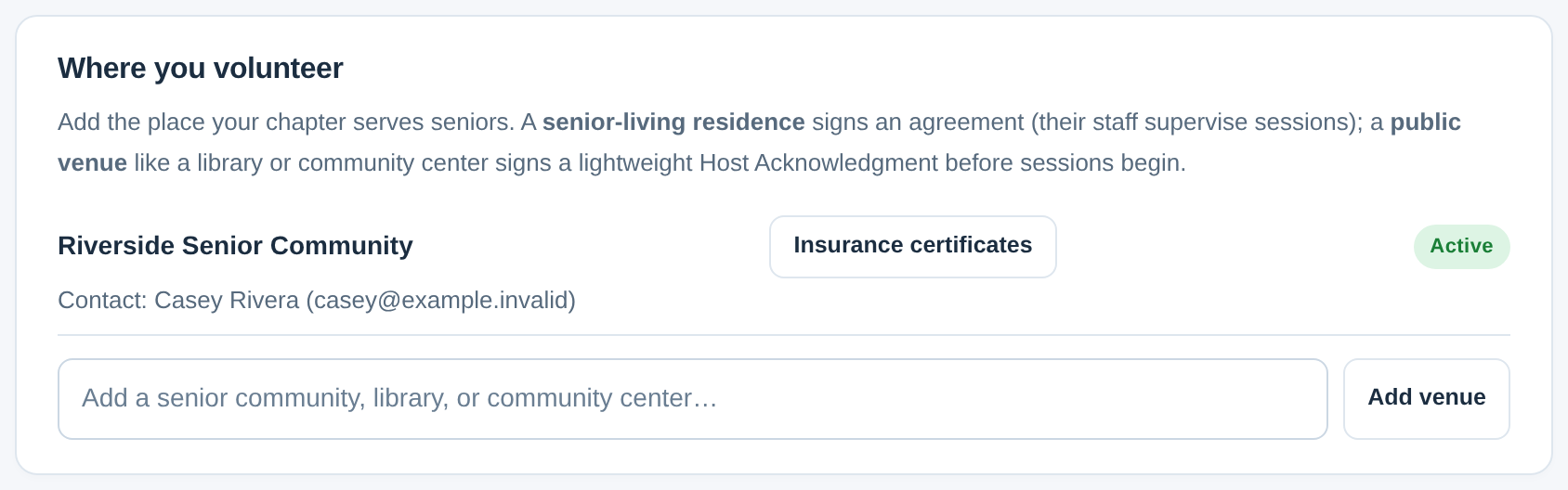 A prospective venue needs the correct type, recipient, and agreement. Fictional September 2026 example.